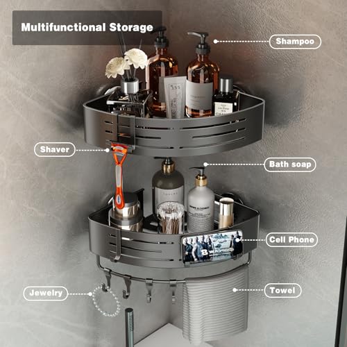 Voldra Corner Shower Caddy Suction Cup, 2 Pack Corner Shower Shelves No Drilling, Aluminum Upgrade Suction Cup Shower Organizer with Towel Bar & Hooks Removable Bathroom Storage Rack(Gray) - style: Suction Cup Triangle-2 Pack