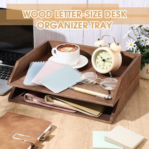 Beeveer 2 Pcs Wooden Letter Tray Wood Letter-Size Desk Organizer Heavy Duty 2 Tier Stackable Support Paper Tray Desktop Drawer File Folder Magazine Office Accessories Back to School(Dark Wood) - color: Dark Wood