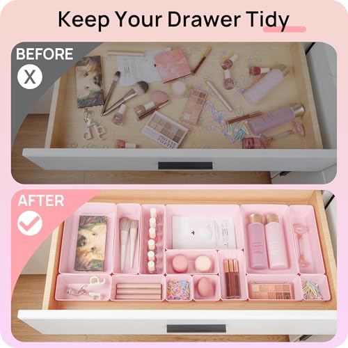 Vtopmart 44 PCS Plastic Drawer Organizers Set, 4-Size Versatile Bathroom and Vanity Organizer Trays, Non-Slip Storage Containers for Makeup, Jewelries, Bedroom，Kitchen Utensils and Office, Pink - color: Pink