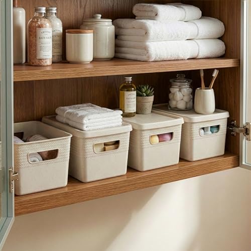 BINO | Plastic Storage Bins with Lids, 5 Liter - 3 Pack, Natural | THE BRAIDED COLLECTION | Plastic Bins for Organization Woven Storage Baskets for Organizing Pantry Shelf Organizer Basket Bin - color: Natural, size: 5L | 3-Pack
