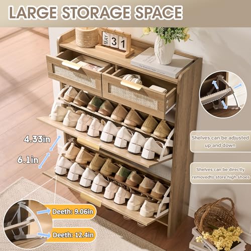 Rattan Shoe Storage Cabinet with 2 Flip Drawers & 2 Drawers, Freestanding Organizer for Front Door Entrance, Hidden Narrow Shoe Rack Cabinet Storage for Entryway, Rustic Oak Rattan - style: 2-Drawers