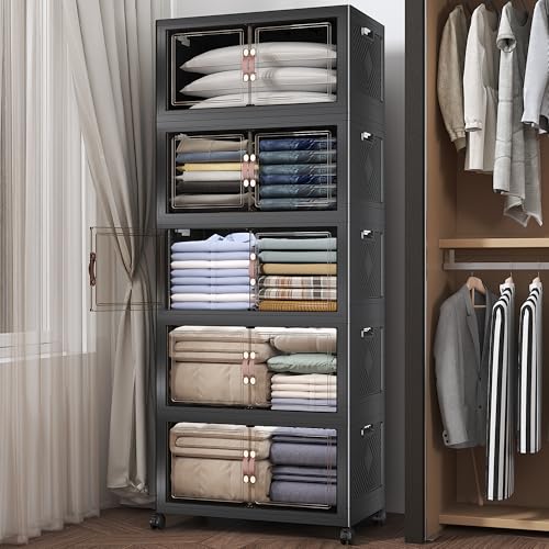 UAMFURI Extra Large Stackable Storage Bins with Lids & Wheels, 600QT-120QT/30GAL*5Pack Foldable Collapsible Closet Organizers Storage Cabinet with Doors for Bedroom Dorm - color: Black, size: 5PACK-25"W16"D72"H