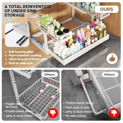 1 Pack-16"-26"W Expandable Under Sink Organizer With Upgrade Ball-Bearing Slide,2-Tier Pull Out Under Cabinet Organizer Height Adjustable,Not Suitable For Cabinets With Partitions In The Middle - color: White, size: 1 Pack-16"-26"W