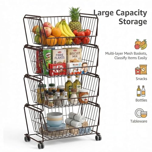 PUSDON 4-Tier Spacious Stackable Wire Storage Baskets with Wheels, Metal Rolling Utility Cart, Produce Basket for Pantry, Bathroom Organizer Shelf, Vintage Bronze - color: Vintage Bronze, size: 4 Tier Standard