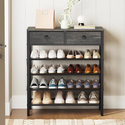 YATINEY 5 Tier Shoe Rack, Large Capacity Shoe Storage Organizer, Metal Shoe Shelf with Drawer and Wooden Top, for 20 Pairs of Shoes, for Entryway, Closet, Charcoal and Black SS25BCY1 - color: Charcoal + Black, size: 27.7" x 10.8" x 37.7"