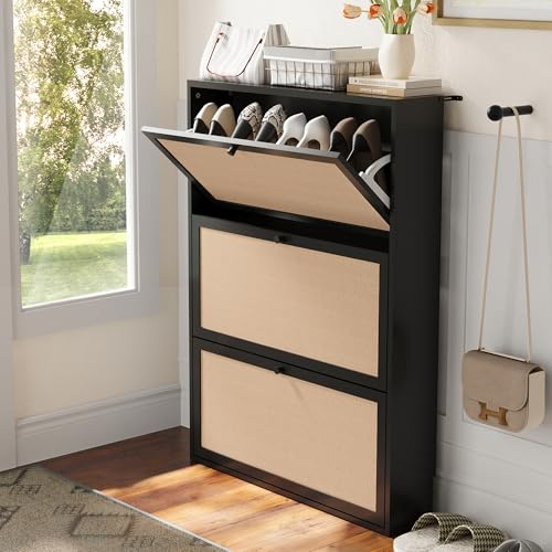 AVZEAR Narrow Shoe Storage Cabinet for Entryway with Natural Linen Panel, Freestanding Slim Shoe Cabinet with 3 Flip Drawers, Wood Shoe Organizer Closed Shoe Rack for Hallway, Living Room(Black) - color: Black, size: 3 Drawers Single Layer