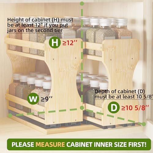 BAMEOS Pull Out Spice Rack Organizer for Cabinet, Bamboo Wide 9" Slide Out Seasoning Organizer for Kitchen, No Drill Anti-Tip Ball Bearing Silent Glides, Pantry Cabinet Organizer, Natural - size: 9" Wide, 2 Drawers