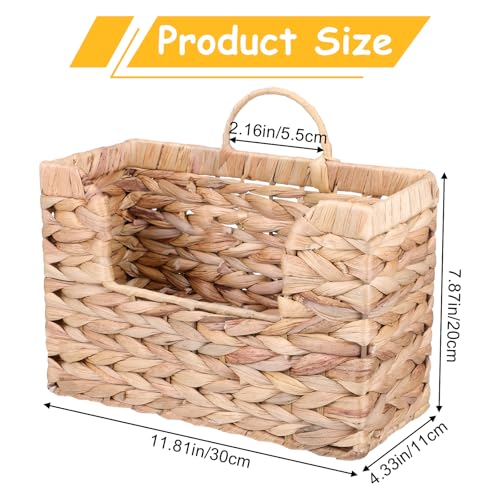 Woven Hanging Magazine Holder Water Hyacinth Magazine Basket Wall Mounted Woven Mail Organizer Wicker Storage Box with Handle Newspaper Rack Decorative for Home Office