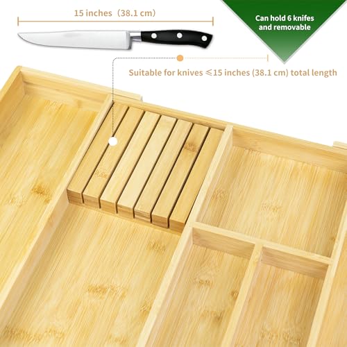 VaeFae Bamboo Kitchen Drawer Organizer, Utensil Tray with Multiple Compartments, Cutlery and Silverware Storage - color: Natural, size: Small - Non-expandable without Block