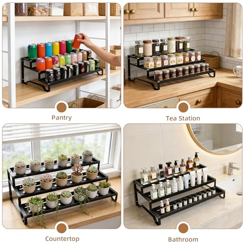 SANKEU Expandable Spice Rack Organizer for Cabinet 3 Tiered Metal Seasoning Organization with Guardrails Spice Shelf Storage for Jars Adjustable Length 13"-21" Black 1Pack - color: Black, size: 1 Pack