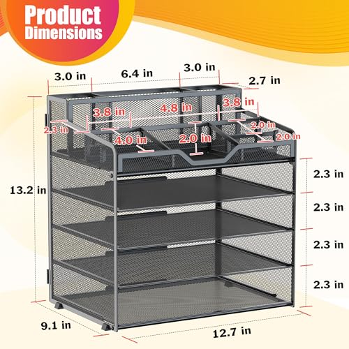 Docnest 5 Tier Mesh Desk Organizer for Paper Office Supplies – Multi-Functional Letter Tray with 5 Adjustable Compartments, 3 Pen Holders, Desktop Storage for Files, Mail, Stationery – Black - color: Black, size: 12.7" x 9.1" x 13.2"