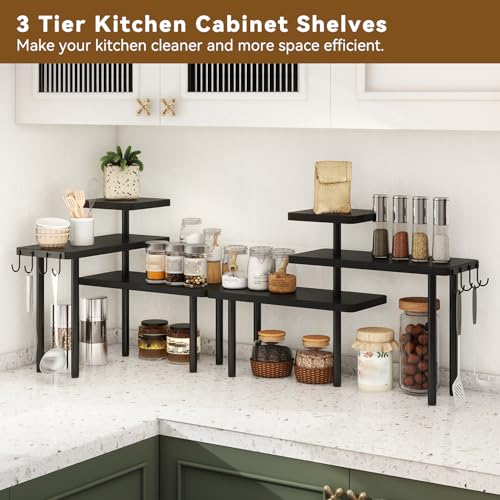 IBUYKE Countertop Organizer,3-Tier Spice Racks,Kitchen Counter Corner Shelf,4 Side Hooks,Adjustable Countertop Shelf for Kitchen, Bathroom, Coffee Bar, Cabinet, Desk,Black,TLJ023B - color: Black, size: 1 pack (Improved)