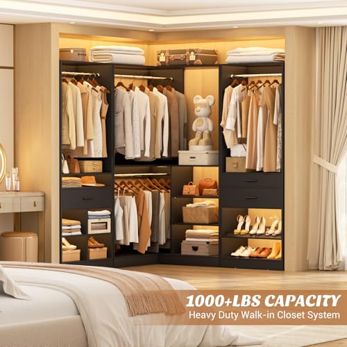 Unikito 86" Corner Closet System, Modular Closets Organizer with 4 Hanging Rods and Storage Shelves, Freestanding Adjustable Wood Clothes Garment Rack with Drawers, Sturdy Walk in Closet Tower, Black - color: Black, size: 86 Inch