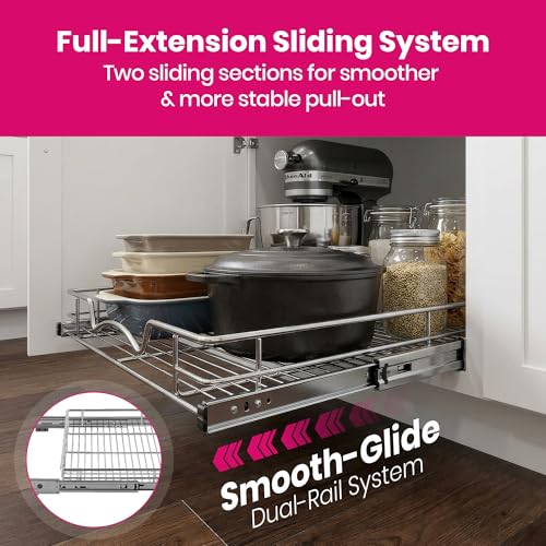 HOLDN’ STORAGE Pull Out Cabinet Organizer, Heavy Duty Caddy w/Lifetime Limited Warranty -14”W x 21”D - Requires At Least 15-1/4” Cabinet Opening, Steel Metal Cabinet Drawers Slide Out, Chrome - size: 14" W x 21" D
