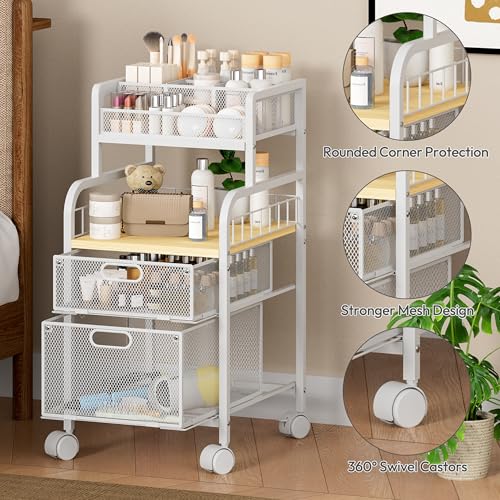 SWTYMIKI Rolling Cart with Drawers - Metal Utility Cart with Wood Shelf, DIY Divider and Locking Wheels, Craft & Art Cart Organizer for Under Desk Storage for Home Office Studio, White - color: 4 Tiers-White, size: 4 Tiers