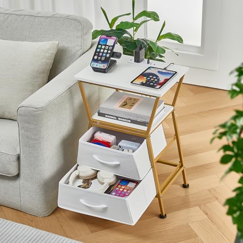 Nightstand with Charging Station, Side Tables for Bedroom with Built-in USB Side Table with 2 USB Ports and Outlets Nightstand with Cloth Drawer End Tables Living Room Sofa Couch - color: White Gold With Socket