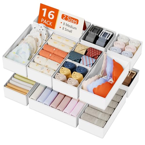 DIMJ Drawer Organizer Clothes Storage - 16 Pack Baby Dresser Organizer for Nursery, Foldable Drawer Dividers for Bedroom Closet Organization, Fabric Storage Bins for Socks, Underwears, Bras - color: White