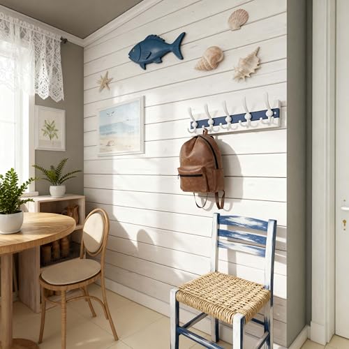SKOLOO Coastal Wall Mounted Coat Rack - 16-7/8" Beach House Entryway Wooden Coat Hook with 5 Hooks for Hanging Coats, Hats or Towels, Oceanfront Cottage Core Collection, White & Blue - color: Blue & White Plates & White Hook, size: 1 Item-5 Hooks