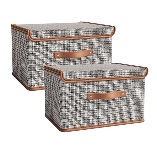 Tuza 2 Pack Storage Bins with Lids, Collapsible Closet Organizer Container, Fabric Organizer Box with Handles, Decorative Storage Boxes with Lids for Organizing Clothes, Books, Light Grey, Large - color: Light Grey, size: 2 Pack - Large