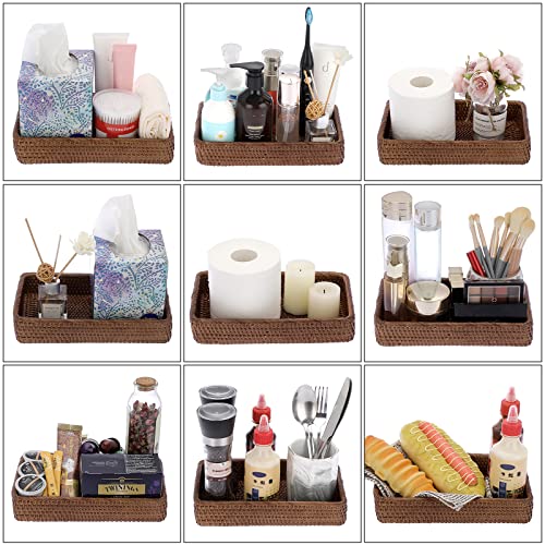 Sumnacon 10 Inch Rattan Bathroom Vanity Tray - Decorative Wicker Toilet Tank Tray for Paper Hand Towel, Vintage Storage Basket Bin for Bathroom Kitchen Toilet Tank Vanity Countertop Table Shelf, Brown - color: Brown, size: 10" x 6.1" x 1.8"