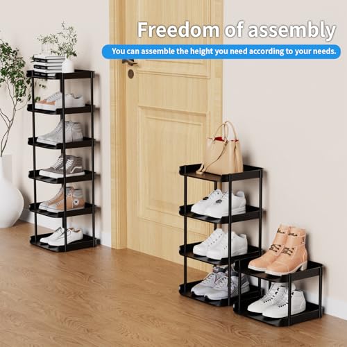 6 Tier Vertical Narrow Shoe Rack, Stackable Tall Skinny Shoerack, Compact Single Shoes Storage Tower for Slim Space, Corner Plastic Shelves, for Hallways, Entryway, Bedrooms Organizer, Black - color: Black, size: 6 tier