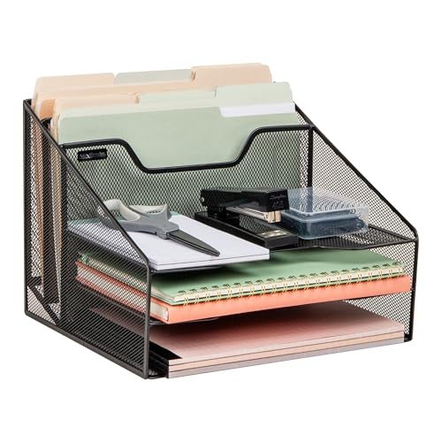 Mind Reader Metal Mesh Desktop File Organizer, 3-Tier Paper Tray with 5 Compartments, Office Mail Sorter, Black - color: Black