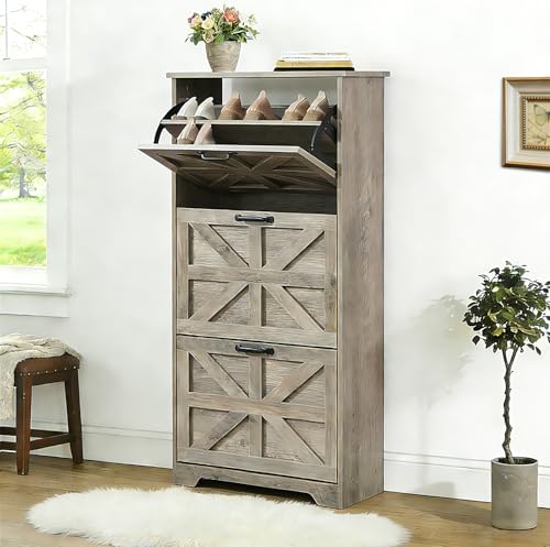 Shoe Storage Cabinet with 3 Flip Drawers, Farmhouse Shoe Organizer with Barn Door Design, Space-Saving Hidden Narrow Shoe Rack Cabinet for Entryway, Hallway & Foyer，Grey - color: Grey, size: 1 pcs-3 Flip Drawers
