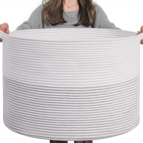 INDRESSME XXXLarge Cotton Rope Basket 21.7" x 21.7" x 13.8" Woven Baby Laundry Basket for Blankets Toys Storage Baskets with Handle Comforter Cushions Storage Bins Thread Laundry Hamper-Black Stitch - color: White, size: 21.7"D x 13.8"H