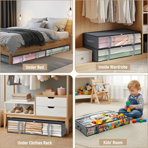 LANDNEOO 4 Pack 90L Under Bed Storage Containers - Underbed Storage for Clothes, Blankets - Closet Organizers and Storage Bags - Under the Bed Storage Bins with Handles & Clear Front
