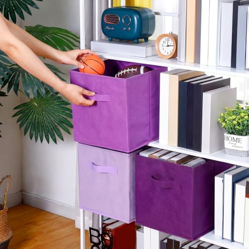 Karenhi 11" x 10.5" x 10.5" Purple Storage Cube, 6 Pack Fabric Cube Storage Bins Organizer Box, Collapsible Baskets with Handles Foldable Shelf for Cloth Toys Home Room Closet, Pack of 6 - color: Purple