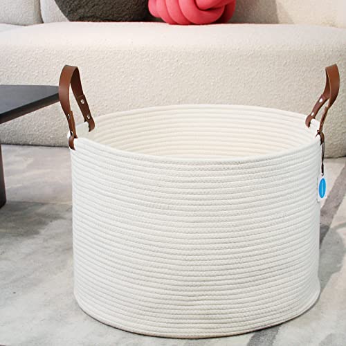 Casaphoria XXXLarge Cotton Rope Basket for Living Room - Woven Storage Basket with long Handle for Blankets, Towels and Pillows Laundry Hamper | Beige 20" x 20" x 13") - color: Light Beige