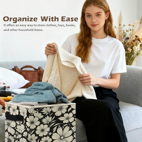Black and White Floral Storage Box Bins, Vintage Botanical Daisy Flower Collapsible Storage Basket Organizer for Bedroom Laundry Room Home Clothes Toys Books, Toybox for Girls - color: Floral L