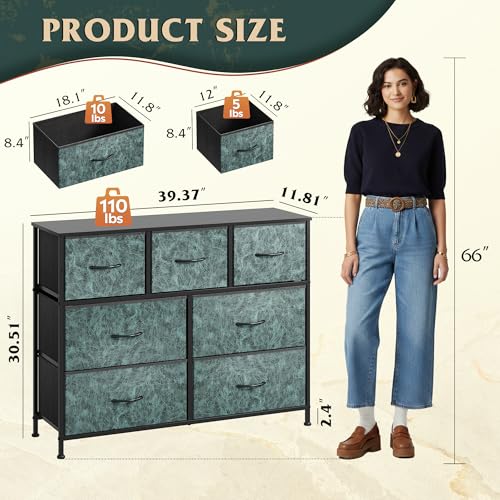 WLIVE 7 Drawer Dresser TV Stand, Entertainment Center, Media Console Table with Metal Frame and Wood Top for TV up to 45 inch, Chest of Drawers for Bedroom, Living Room, Vintage Green - color: Turquoise