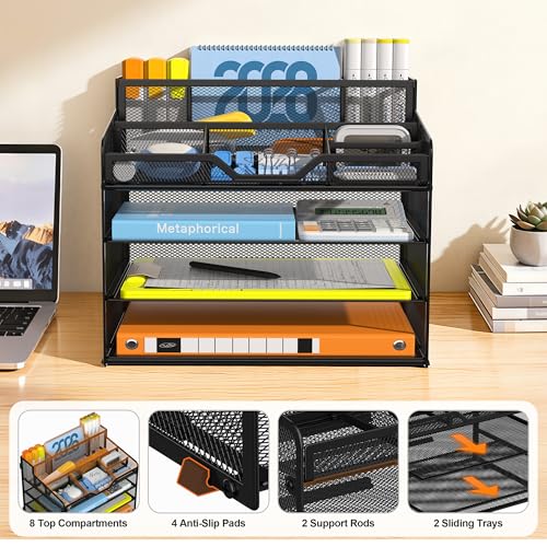 Docnest 4 Tier Mesh Desk Organizer, Multi-Functional Paper Letter Tray with 5 Adjustable Compartments & 3 Pen Holders - Space-Saving Desktop Storage for Office Files, Mail, Stationery - Black - color: Black, size: 4 Tier