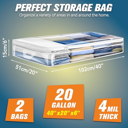 HIBAG 20 Gallon Under Bed Storage Containers, Underbed Clothing Storage Bins, Clear Plastic Organizer with Reinforced Handles, for Clothes Comforters Blankets Towels Pillows Bedding (2 Pack) - size: 20 gal Underbed - 2 pack