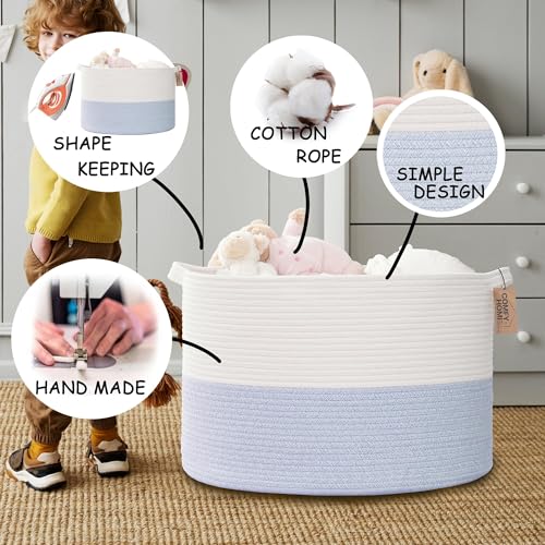 COMFY-HOMI XXXL Large Laundry Basket, Cotton Rope Nursery Woven Basket for Storage, Blanket Baskets Living Room Laundry Hamper, Dog Toy Storage Organizer, Home Decor-21''x21''x13.6''-White/Blue - color: white/bule