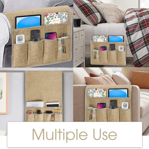 Joywell Arm Chair Caddy Remote Control Holder Organizer for Recliners Couch Armrest Organizer Non Slip with 6 Pocket Storage for Magazine, Tablet, Phone, iPad, Khaki - color: Khaki, size: 19'' x 35''
