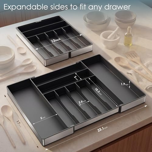 Extra Large Silverware Organizer, 9 Slot Expandable Kitchen Drawer Organizer, Utensil Holder, Heavy Duty Stainless Steel Frame Silverware Drawer Organizer, 8 Non-Slip Feet Included, BPA Free, Black - color: Black