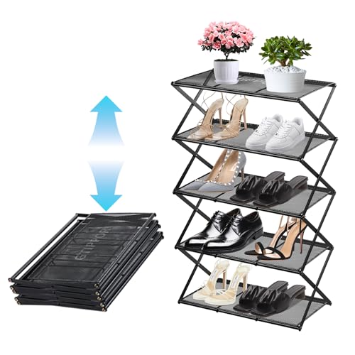 Shoe Rack for Entryway 5 Tier Foldable Shoe Rack Without Assembly Collapsible Metal Shoe Organizer Folding Shoe Storage Rack for Door, Living Room, Black - color: X Shape(black), size: 5 Tier