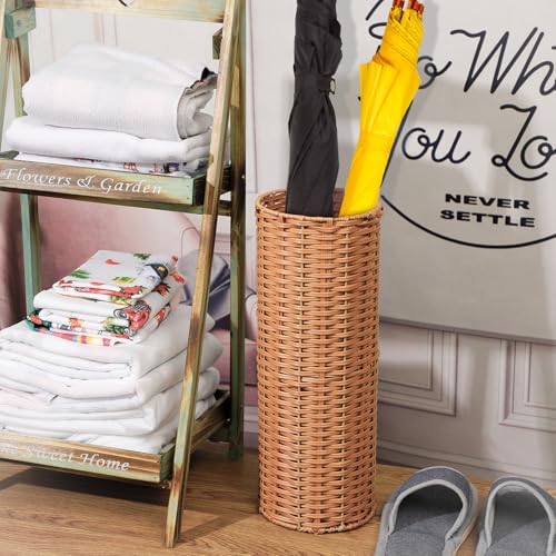 Weysat Woven Umbrella Stand for Entryway Handmade Umbrella Holder Freestanding Cane Stand Natural Color Decorative Umbrella Rack Tall Basket for Laundry Bathroom(Rattan, Cylindrical Style) - style: Cylindrical Style