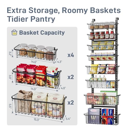 Over The Door Pantry Organizer, 8-Tier Over The Door Organizer with Adjustable Baskets, Metal Hanging Spice Rack for Pantry Organizers and Storage, Suitable for Kitchen Laundry Room & Bathroom, Black - color: Black
