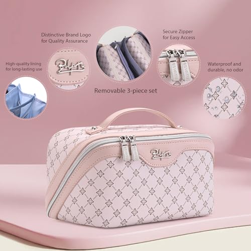 BOYATU Travel Makeup Bag Cosmetic Bags for Women: 3 Pcs Set Large Capacity Make up Bag with Handle - Vegan Leather Toiletry Bags with Compartments - Makeup Organizer for Travel Essentials(A-3-Pink) - color: A-3-Pink