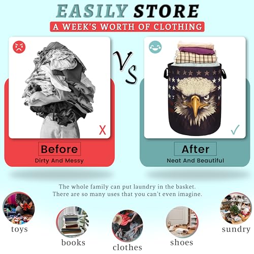 American Flag Eagle Laundry Basket Foldable With Handles Patriotic Tote Bag Oxford Cloth Funny Laundry Hamper Clothes Storage Bucket Toy Organizer For Bathroom/Laundry/Bedroom 18.9"x16.5 " - color: American Flag With Eagle 01