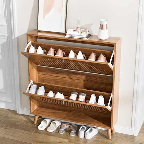 Fsbecl Shoe Storage Cabinet for Entryway with 2 Flip Drawers, Narrow Wood Shoe Cabinet with Fluted Panel, Freestanding Hidden Shoe Organizer for Foyer, Hallway (Walnut - No Shelf) - color: Walnut - No Shelf