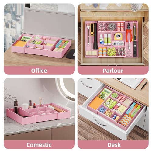 Marbrasse Expandable Desk Drawer Organizer, Clear Plastic Drawer Organizer Tray with 10 Adjustable Compartments, Desk Organizers and Accessories, 5 Drawer Dividers for Office Supplies, Makeup (Pink) - color: Pink