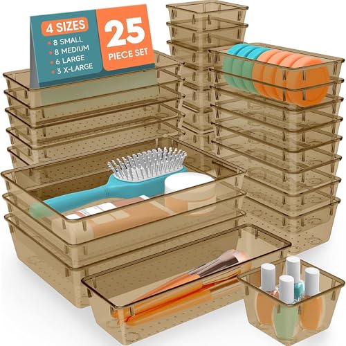 SpaceHacks 25 PCS Plastic Drawer Organizer Set, 4-Size Versatile Organizer Trays & Storage Bins for Makeup, Jewelry, and Gadgets in Bathroom, Bedroom and Office,Champagne - color: Champagne