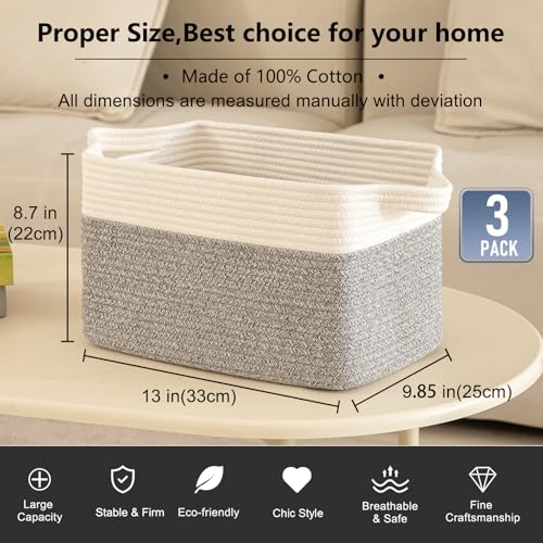 OIAHOMY 3 Pack Storage Basket for Organizing, 13''X9.85''X8.7'' Storage Bins,Woven Basket Basket with Handles, Toy Storage Basket Bin,Stylish Room Decor Basket, White & Grey variegated - color: Grey variegated, size: 13''×9.9''×8.7''