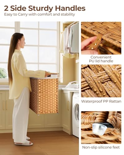 Greenstell Laundry Hamper with lid, No Install Needed, 130L Wicker Laundry Baskets Foldable 2 Removable Liner Bags, 2 Section Clothes Hamper Handwoven Rattan Laundry Basket with Handles, Natural - color: Natural, size: 130L (26.2x13.3x24.0 Inches)