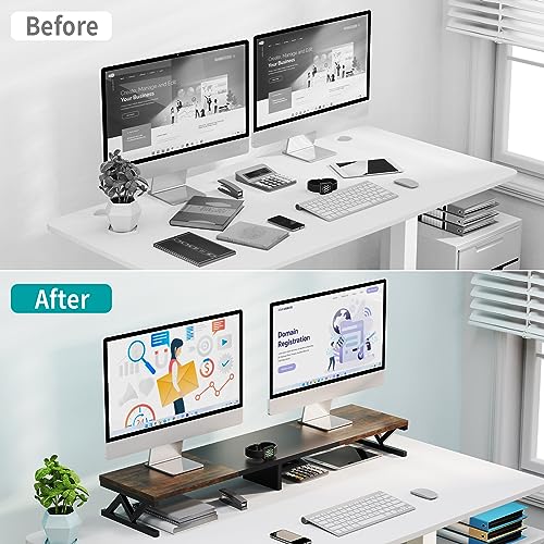 Dual Monitor Stand Riser, Large Wood Monitor Riser for 2 Monitors, Monitor Lift with Storage for Desk, Sturdy Wood&Steel Multi Screen Stand, Desktop Organizer Monitor Stand for Computer - color: Rustic Brown+Black
