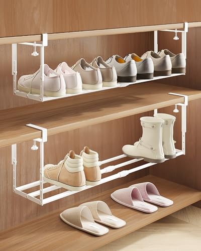 2 Pack Expandable Shoe Rack Organizer for Cabinet, Adjustable Hanging Under Shelf Storage, Sturdy Round Tube Design, Space Saving Shoe Shelf for Closet, Entryway, Laundry Room, White - color: White